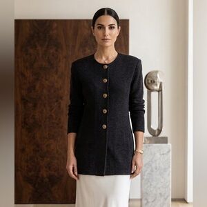 St. John Basics Black Santana Knit Gold Button Down Long Sleeve Sweater Cardigan